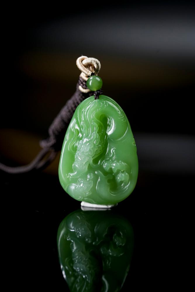 和田玉碧玉龙牌雕刻“吉祥瑞应”挂件（yc253278）