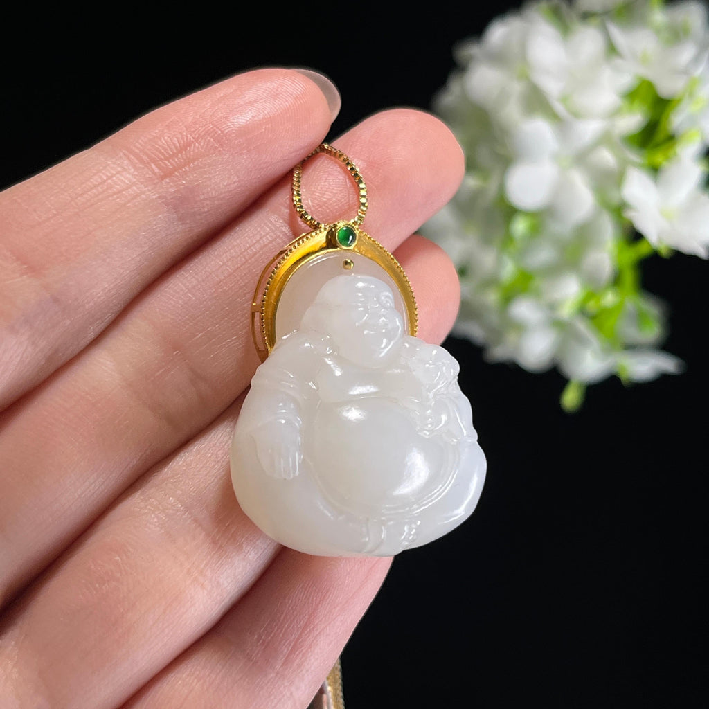新疆天然和田玉羊脂白玉18K金镶玉弥勒佛挂件（yc349610）