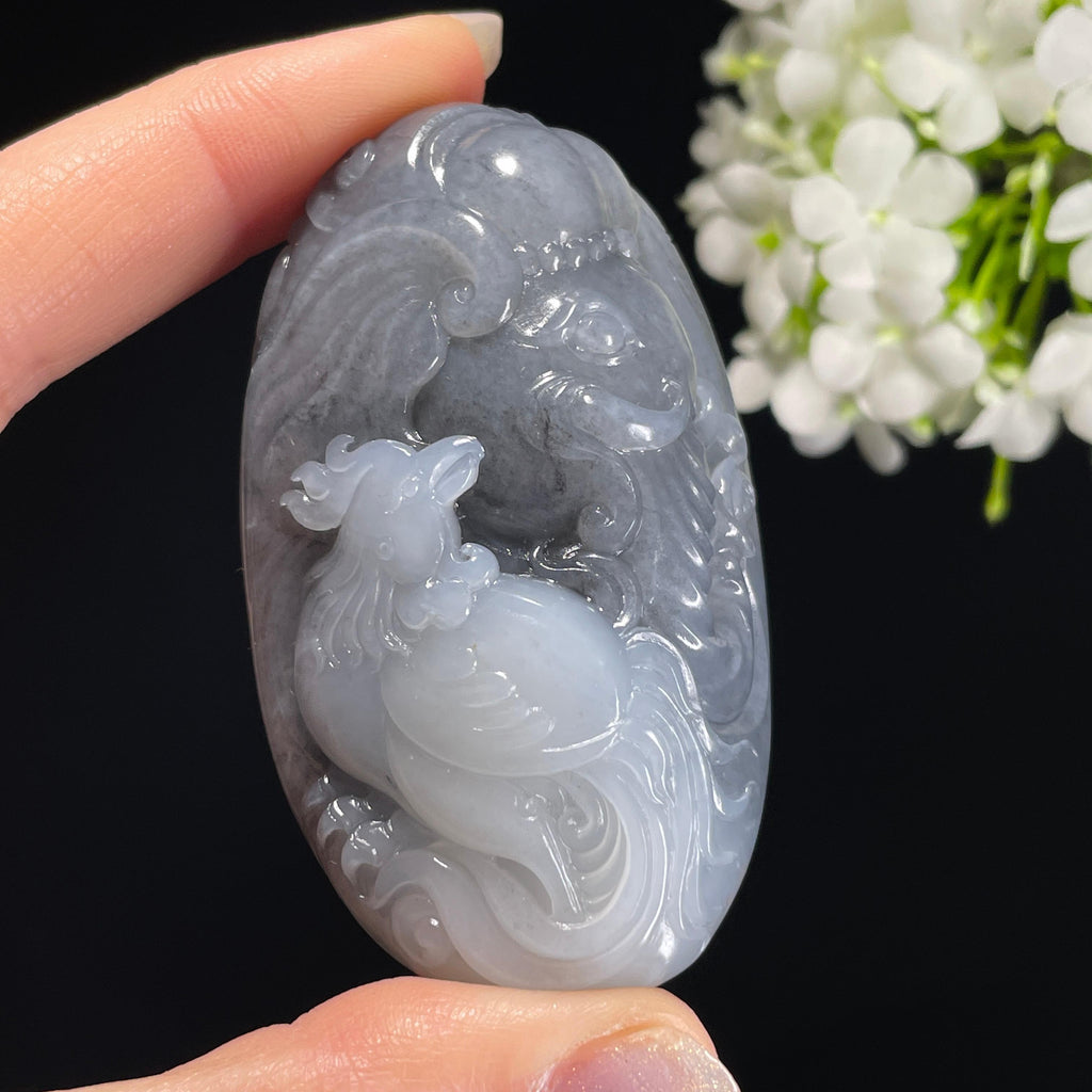 和田玉青花籽料“吉祥太平”象、雄鸡雕刻手把件（yc326506）