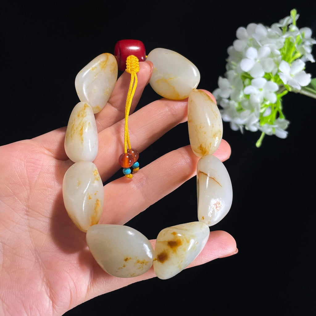 和田玉白玉红皮洒金皮原籽手串（yc410679）