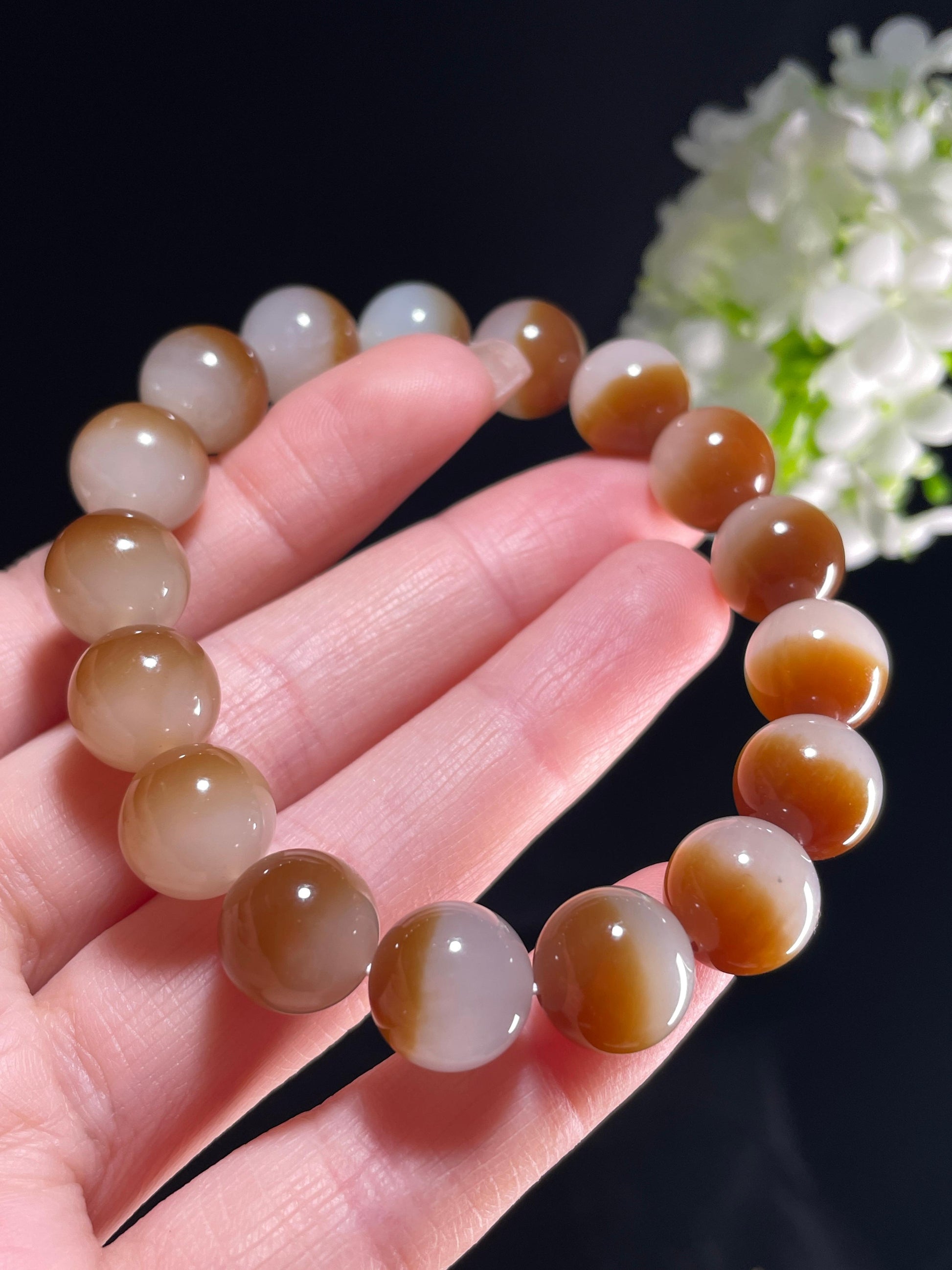 新疆天然和田玉糖白玉聚宝盆圆珠手串（yc357660）