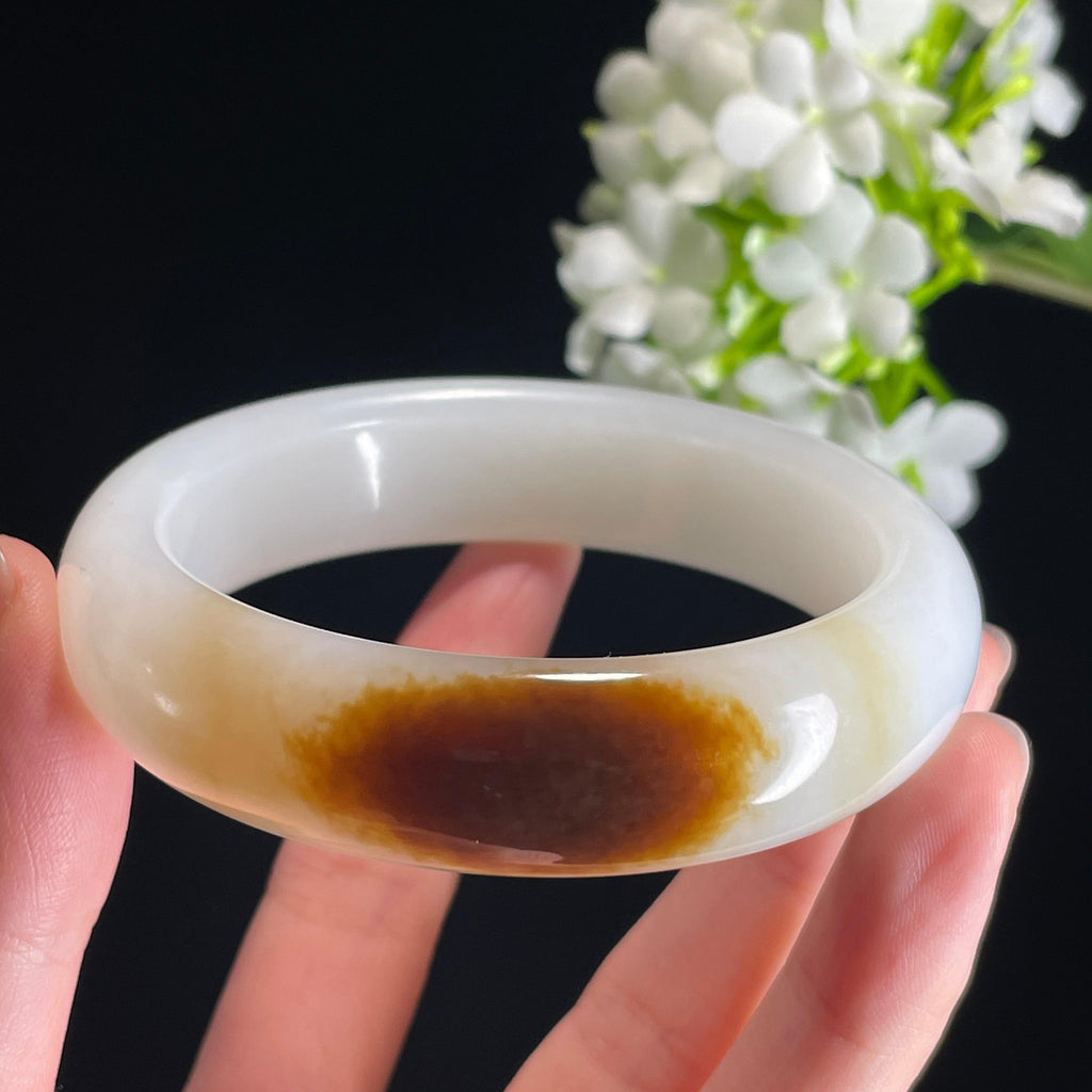 和田玉且末料“金乌衔月”糖白玉手镯（卡55）（yc315297）