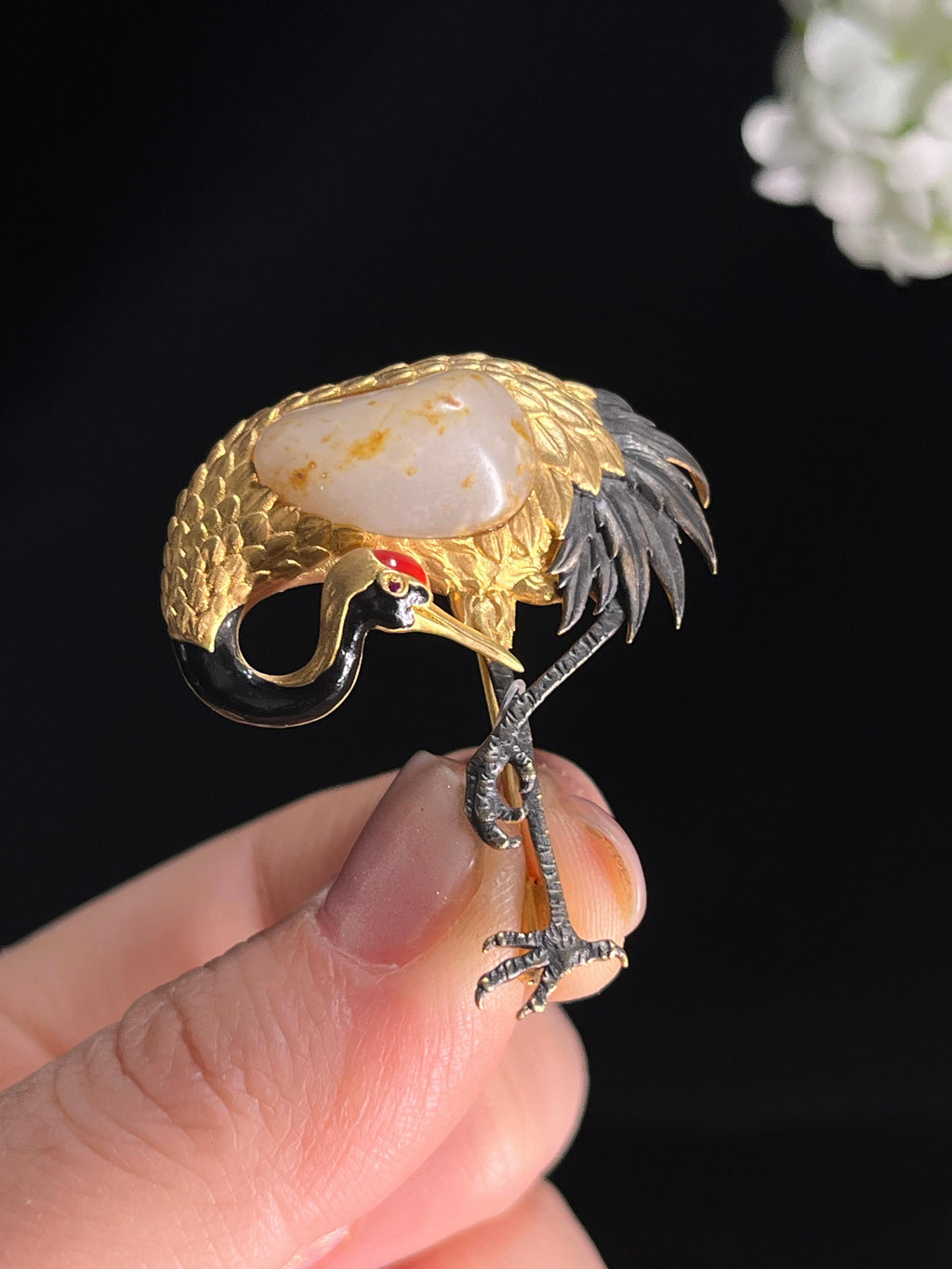 新疆天然和田玉籽料白玉18k金镶仙鹤胸针3（yc268288）