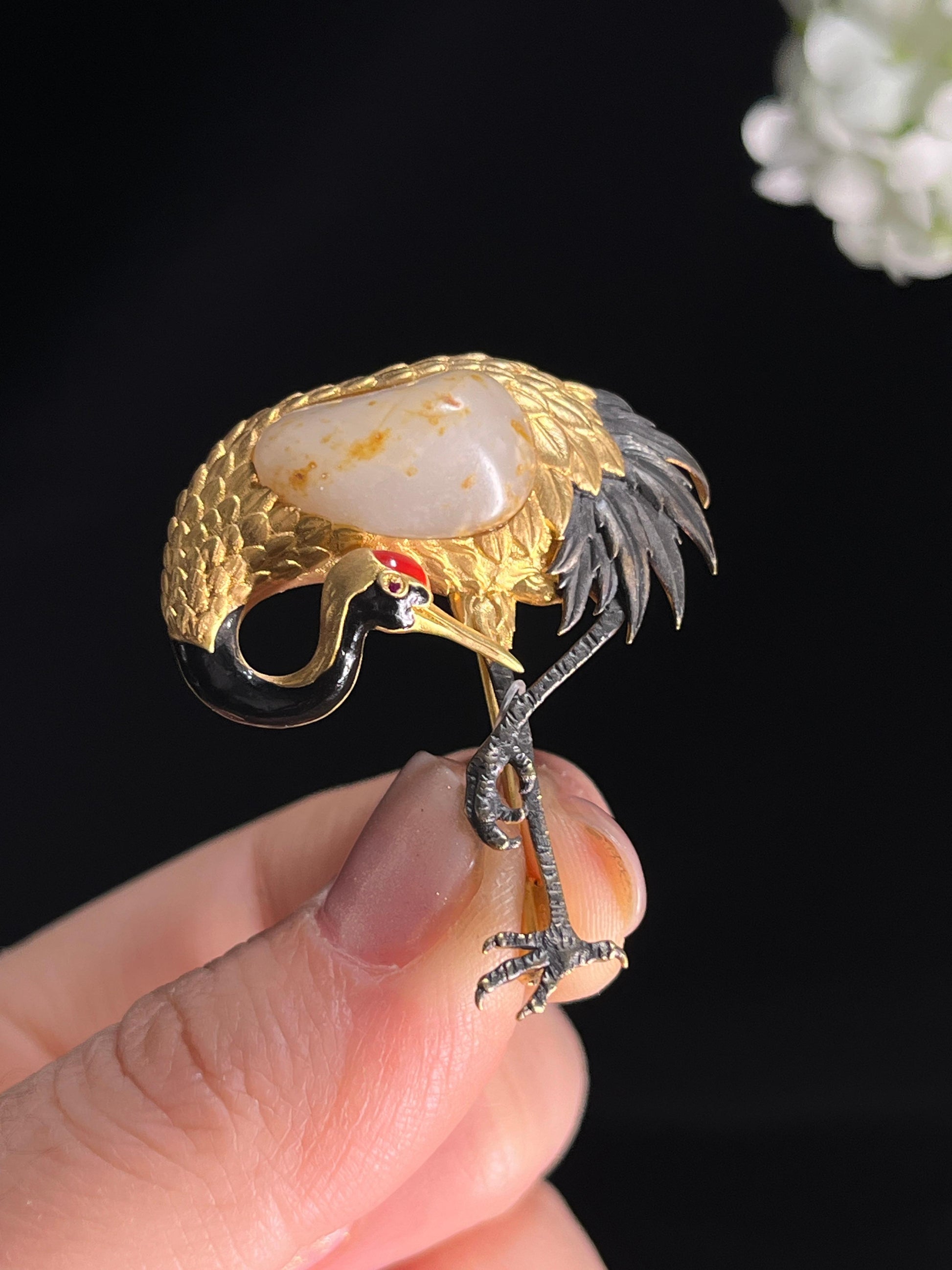 新疆天然和田玉籽料白玉18k金镶仙鹤胸针3（yc268288）