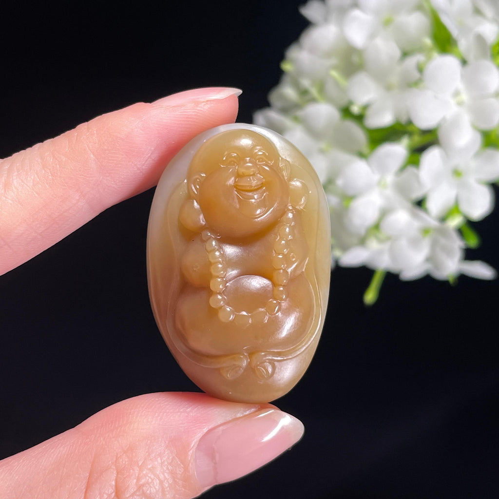 和田玉且末糖白“笑伴福盈”弥勒佛挂件（yc296630）