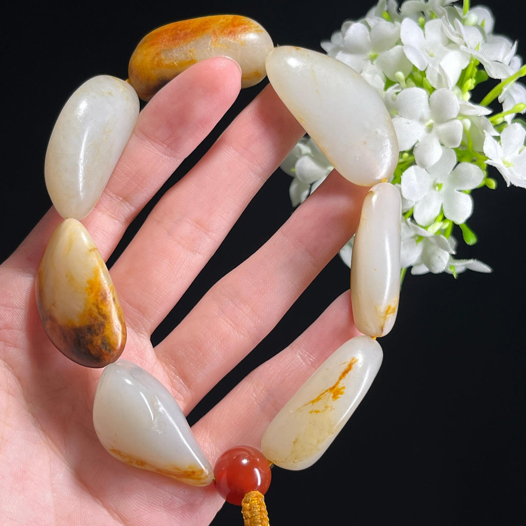 和田玉白玉洒金黑红黄皮“玉璞连华”籽料手串（yc302831）