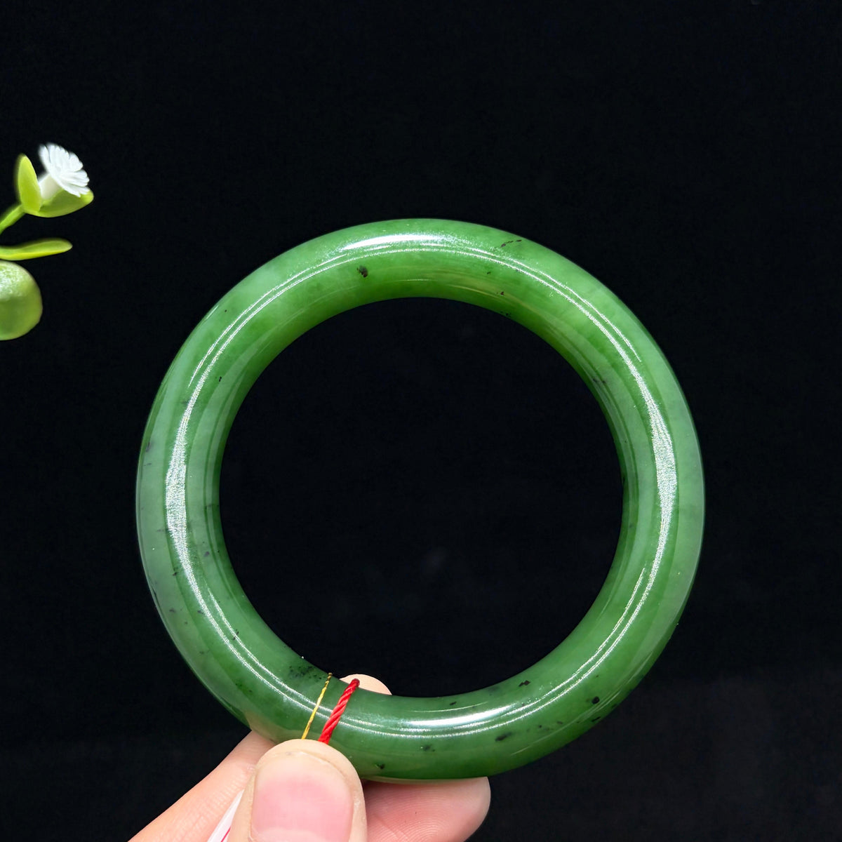 和田碧玉菠菜绿圆条手镯（yc783780）