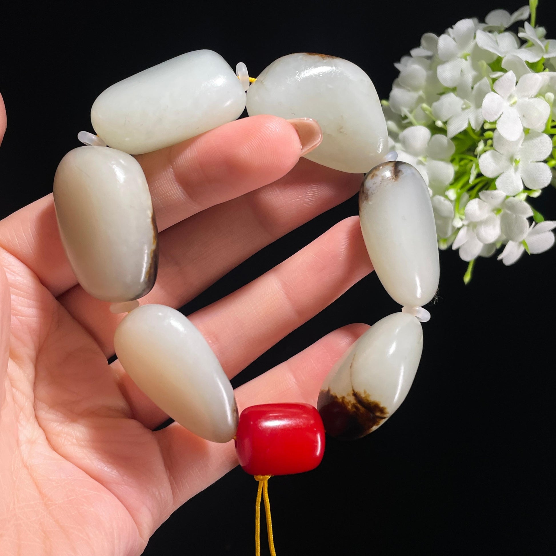 和田玉白玉聚黑皮原籽手串（yc381842）