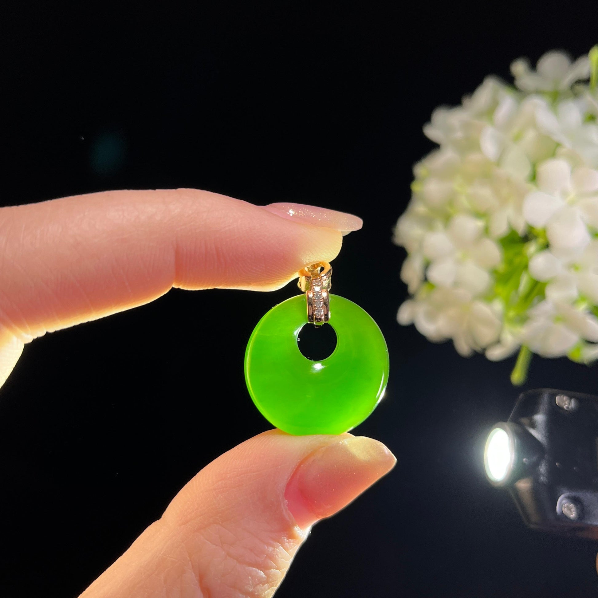 新疆天然和田玉18K金镶碧玉平安扣（yc351468）