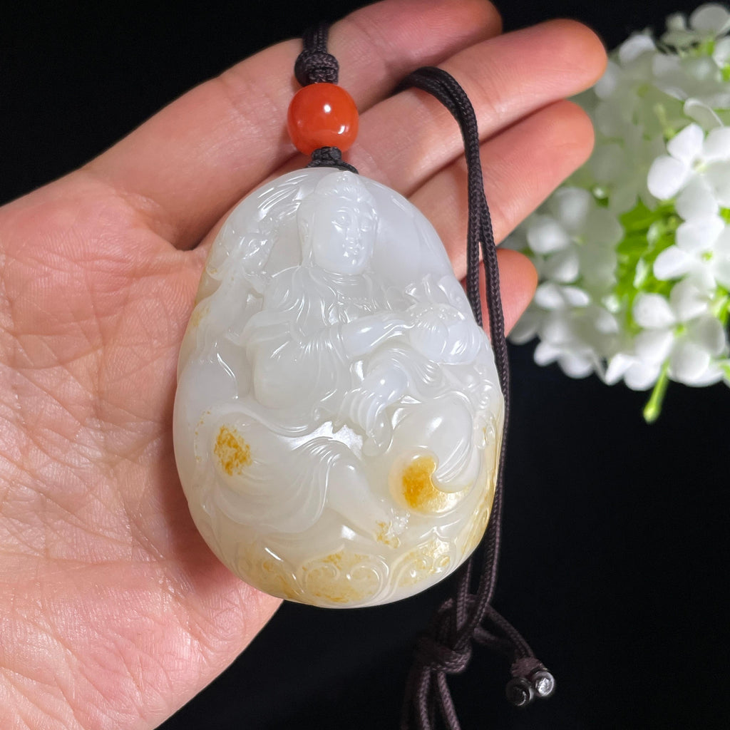 和田玉白玉洒金皮籽料观音挂件（yc384216）