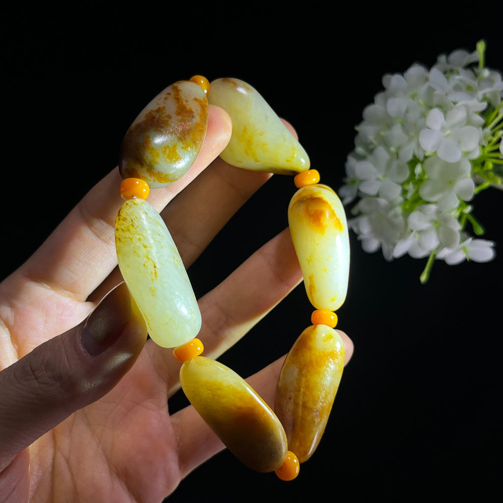 和田玉白玉洒金皮聚红皮原籽手串（6颗）（yc399447）