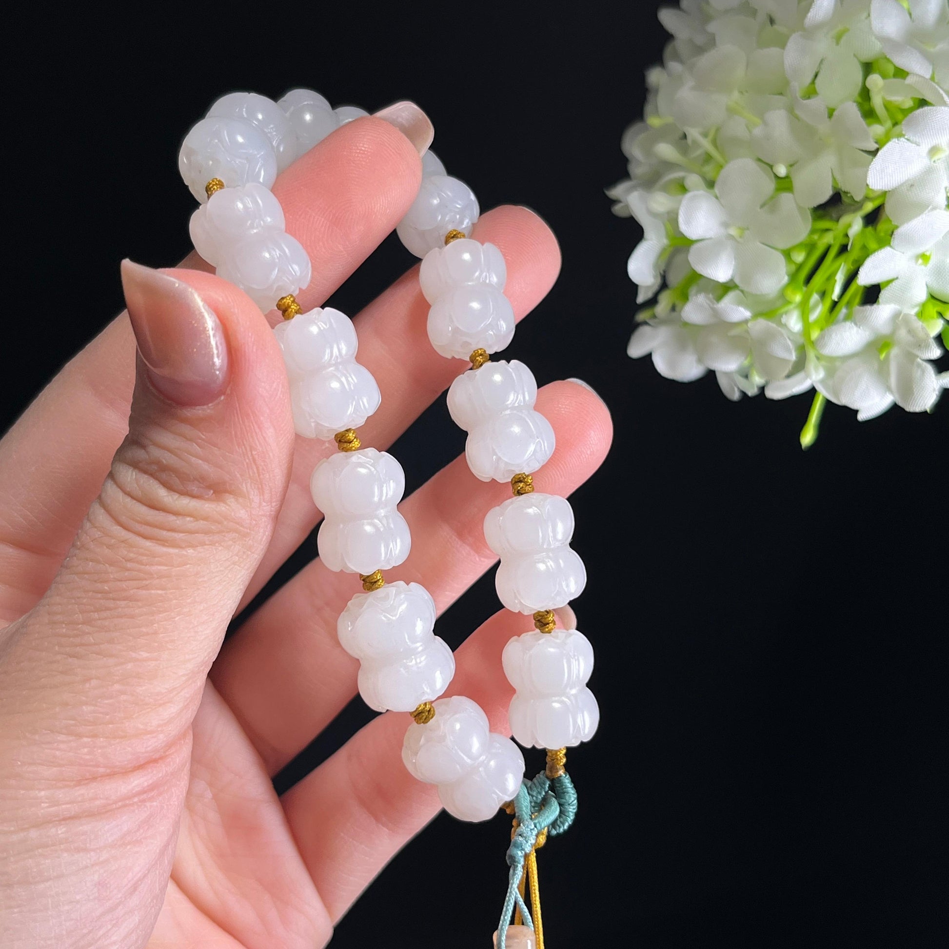 新疆天然和田玉白玉莲花珠手串（yc348948）