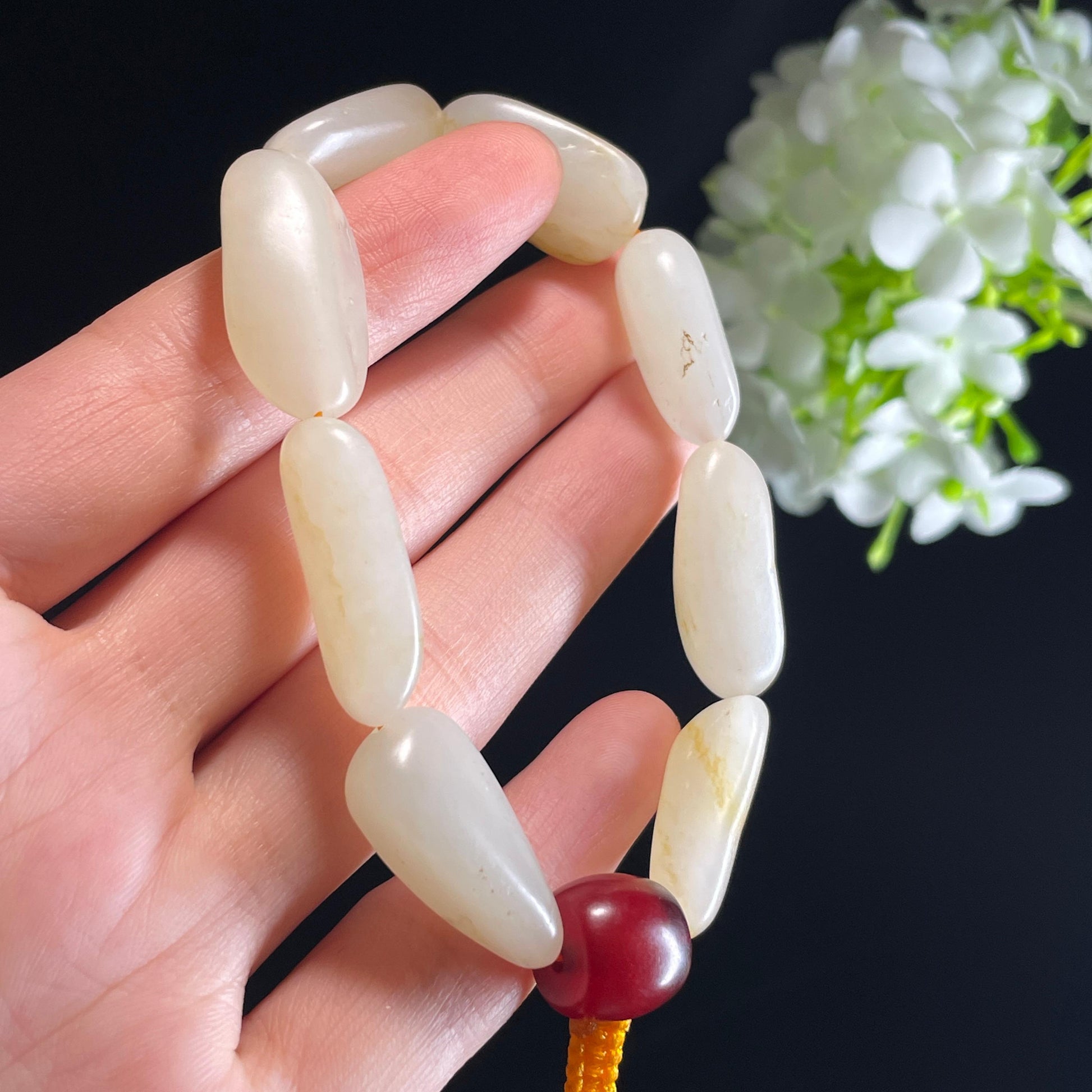 和田玉白玉淡洒金皮原籽手串（yc356187）