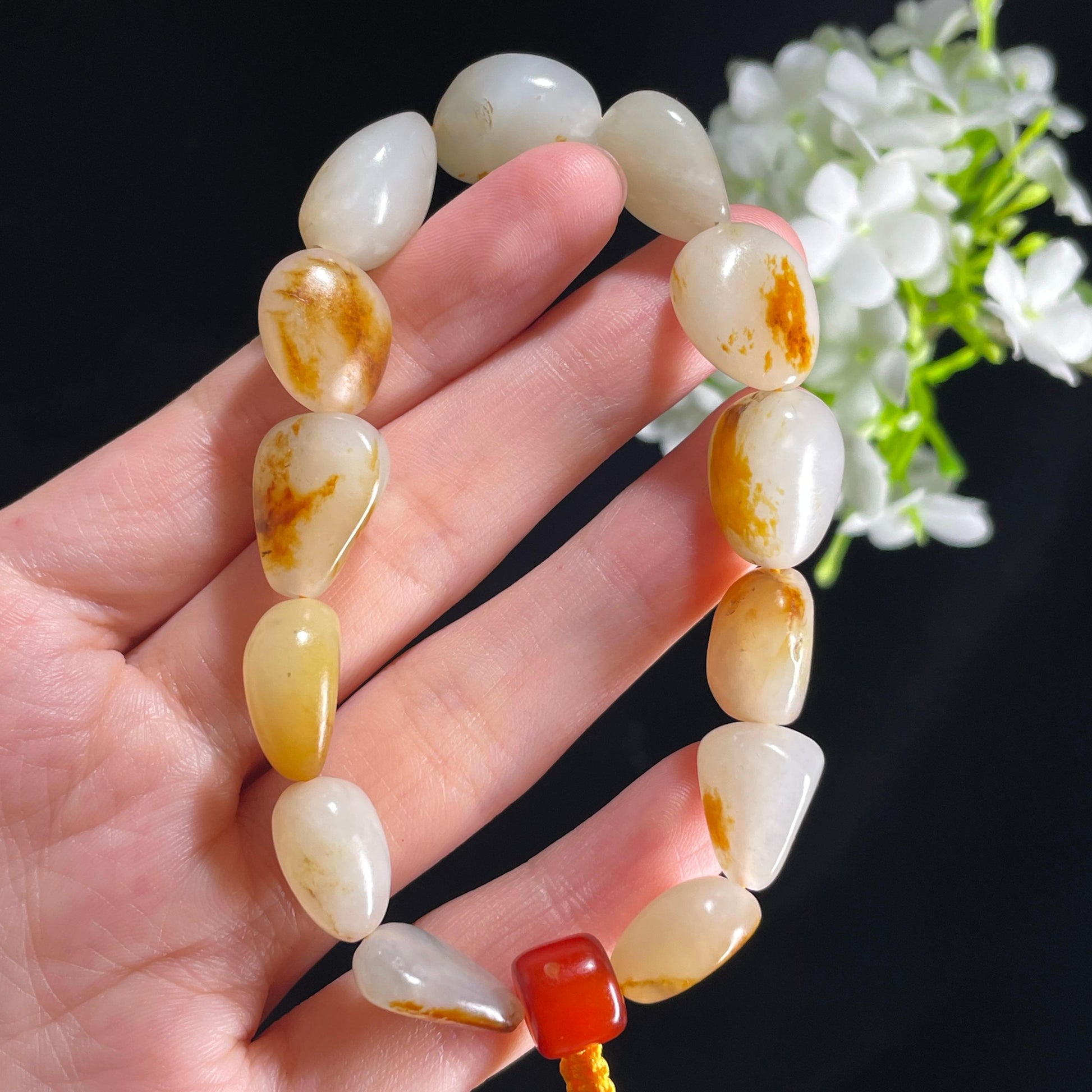 新疆天然和田玉白玉红皮原籽手串（14颗）（yc396016）