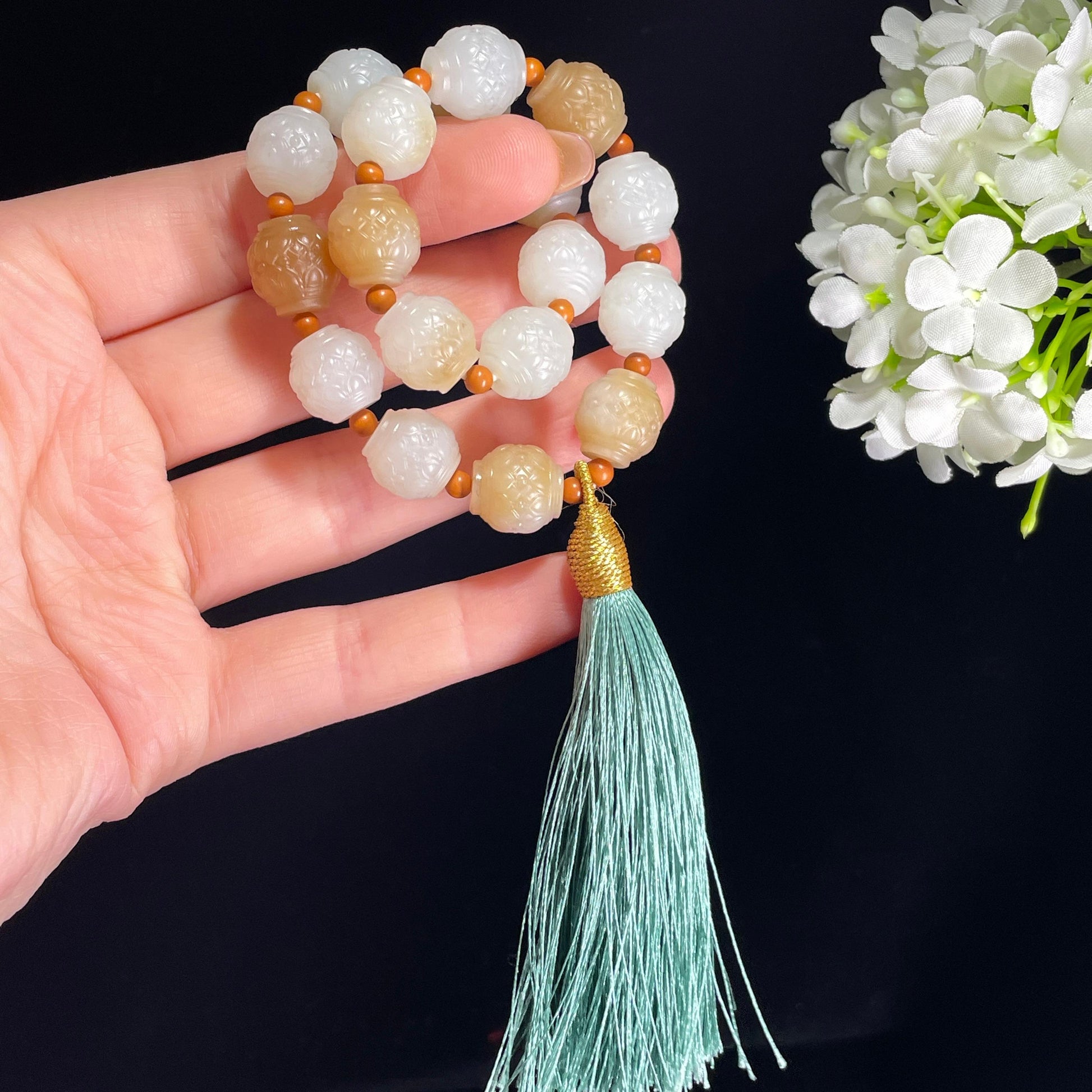 和田玉糖白玉莲花手持（yc363640）