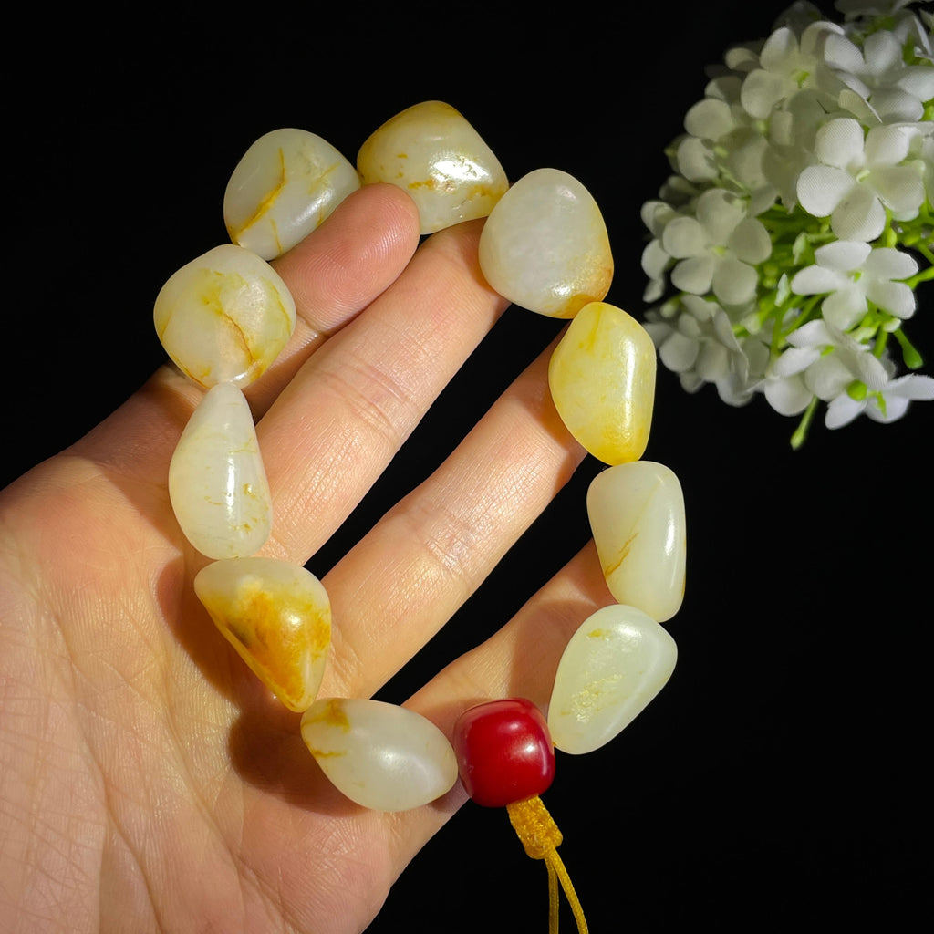 和田玉白玉洒金皮红皮原籽手串（yc356658）