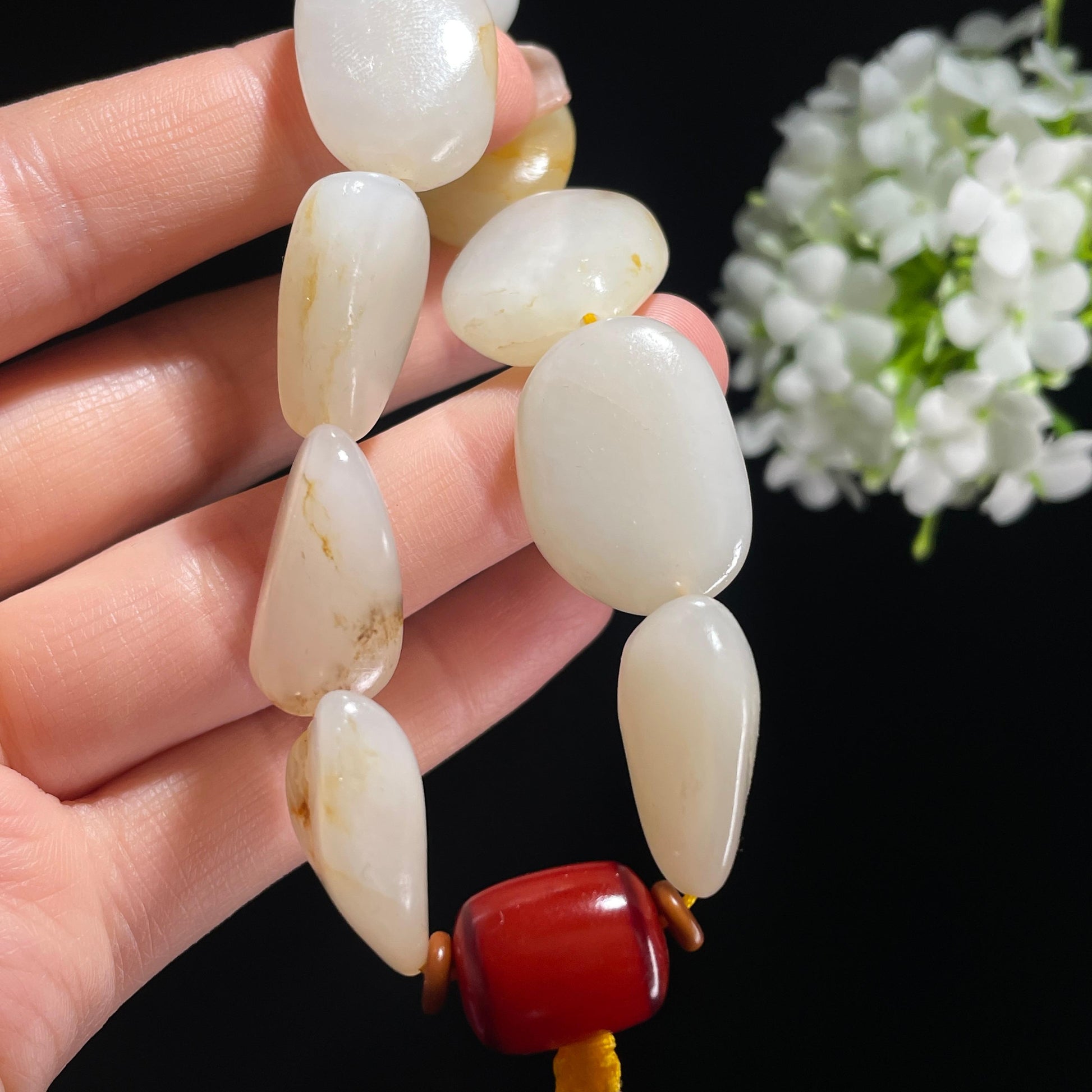 和田玉白玉淡洒金皮原籽手串（yc381970）
