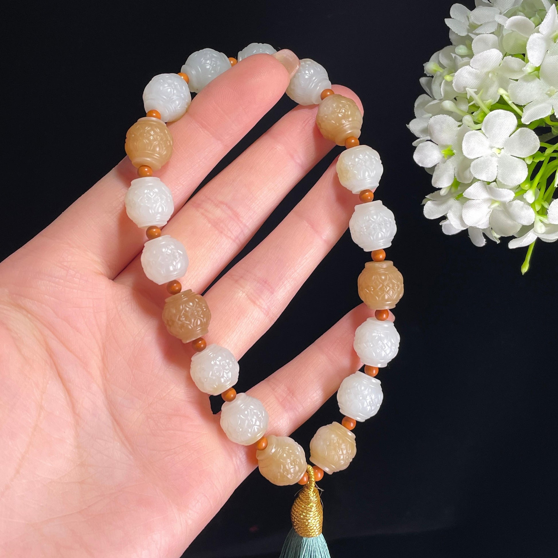 和田玉糖白玉莲花手持（yc363640）