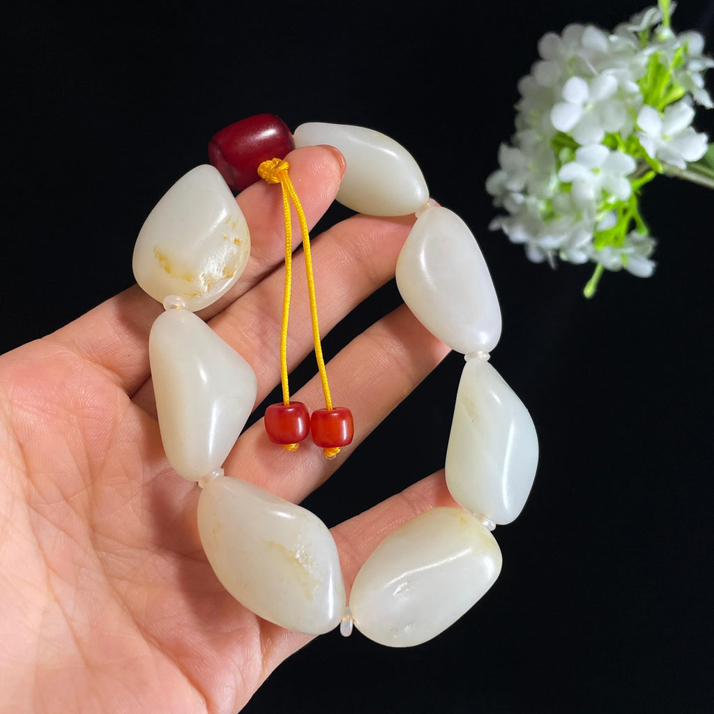 新疆天然和田玉白玉洒金皮原籽手串（yc410609）
