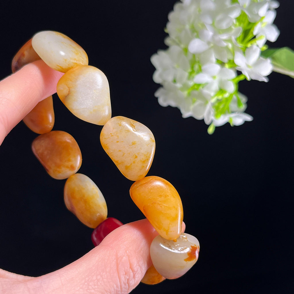 和田玉白玉黄沁洒金皮红皮籽料原籽手串（yc347504）