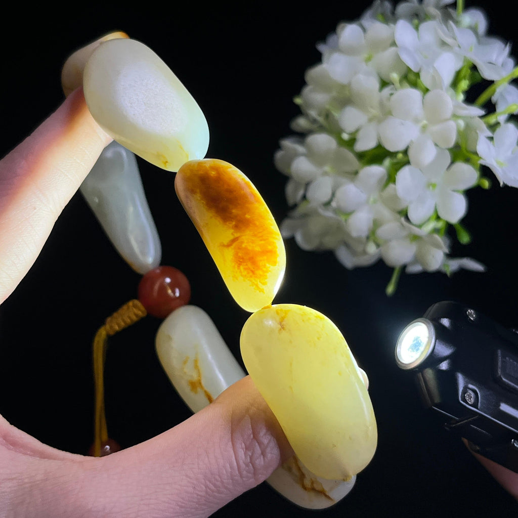 和田玉白玉洒金黑红黄皮“玉璞连华”籽料手串（yc302831）