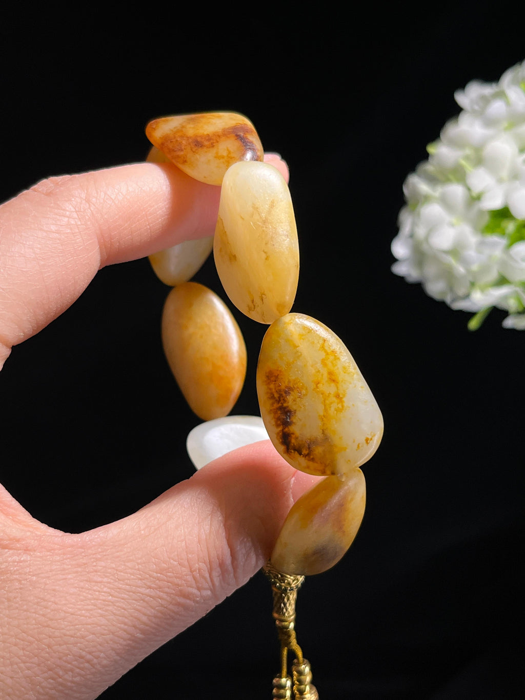 新疆天然和田玉籽料原石洒金皮18k金镶玉手串2（yc262638）