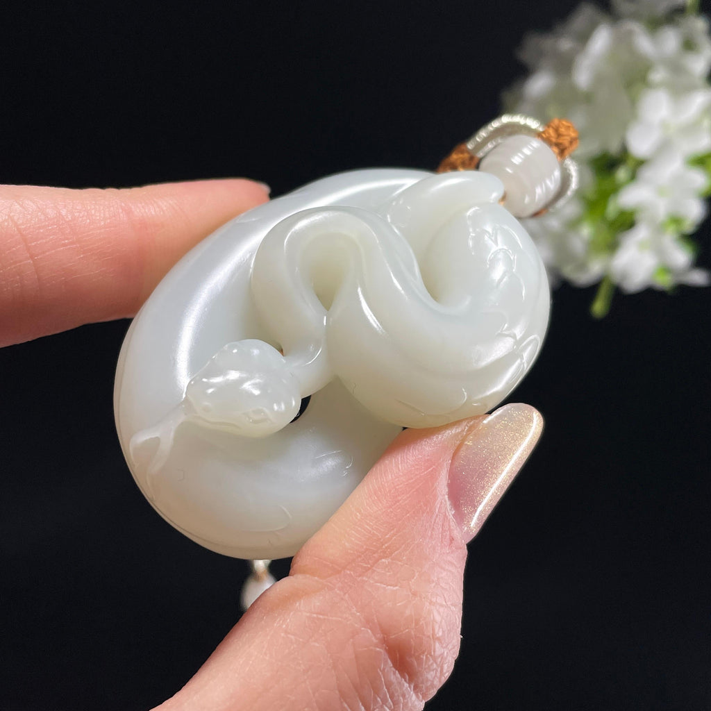 新疆天然和田玉白玉蛇雕刻挂件（yc360383）