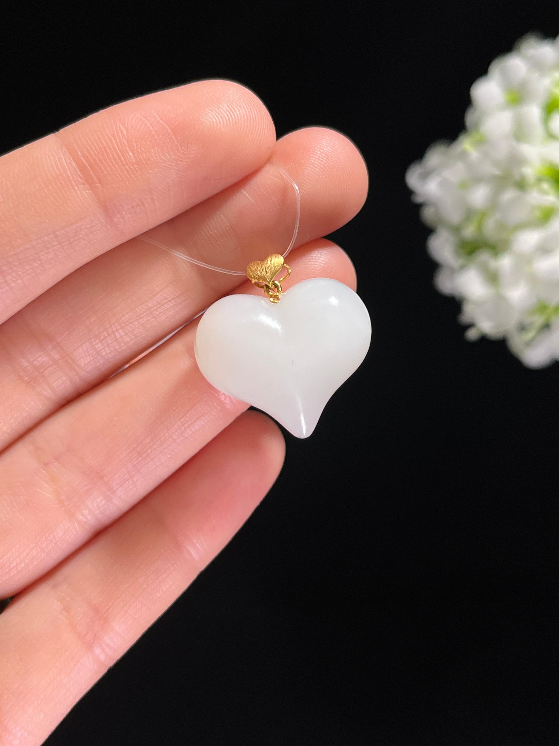 新疆天然和田玉白玉18k金镶心形吊坠（yc260378）