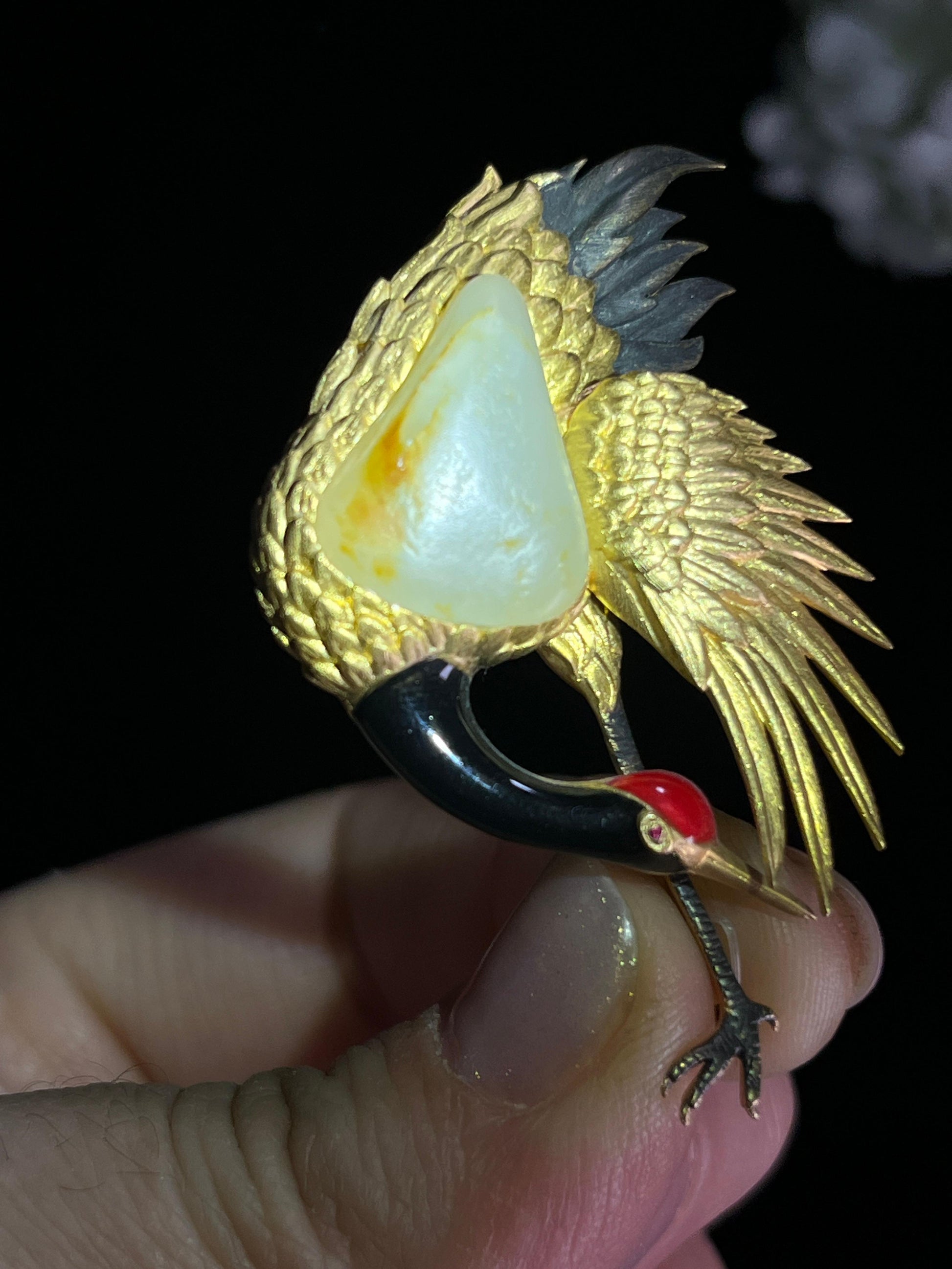 新疆天然和田玉籽料白玉18k金镶仙鹤胸针2（yc268286）