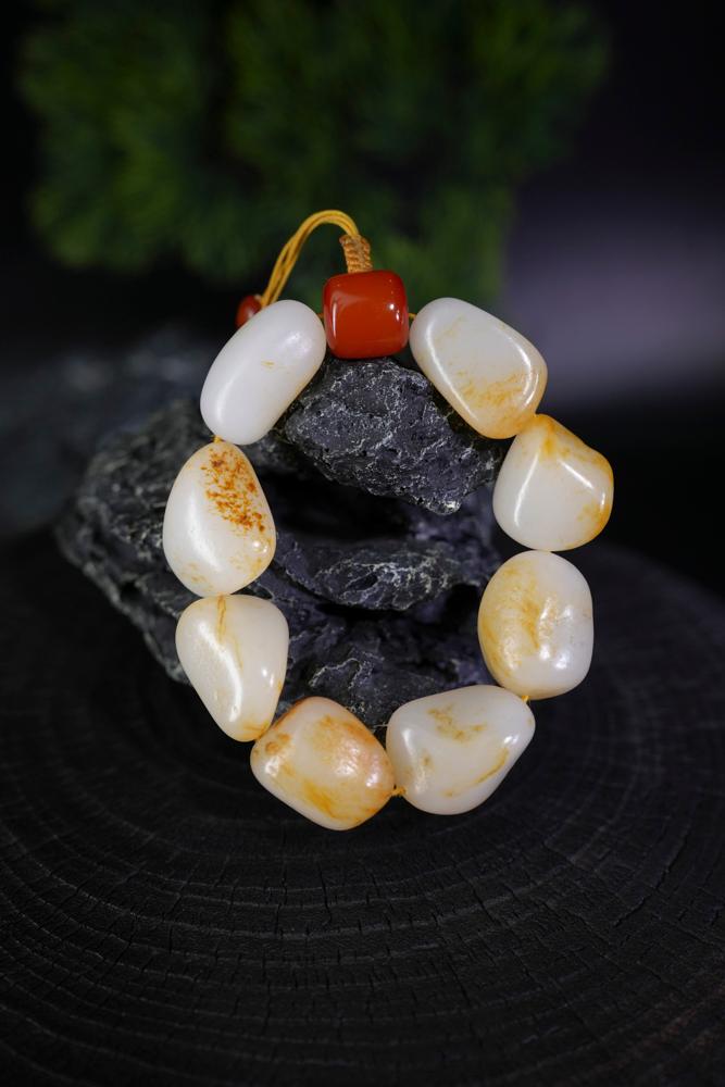 新疆和田玉白玉洒金皮籽料原石手串（修）（yc229704）