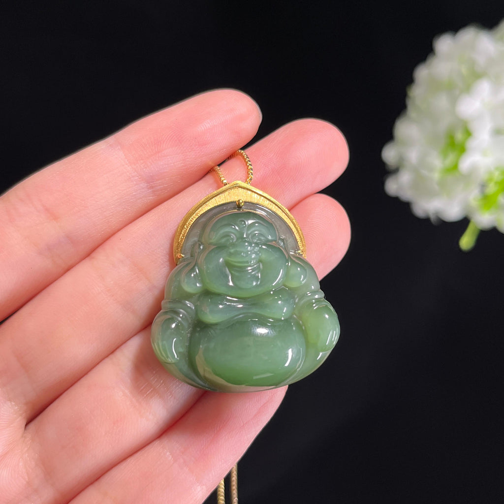 和田玉碧玉18K金扣碧玉“笑澜禅心”弥勒挂件（yc416370）