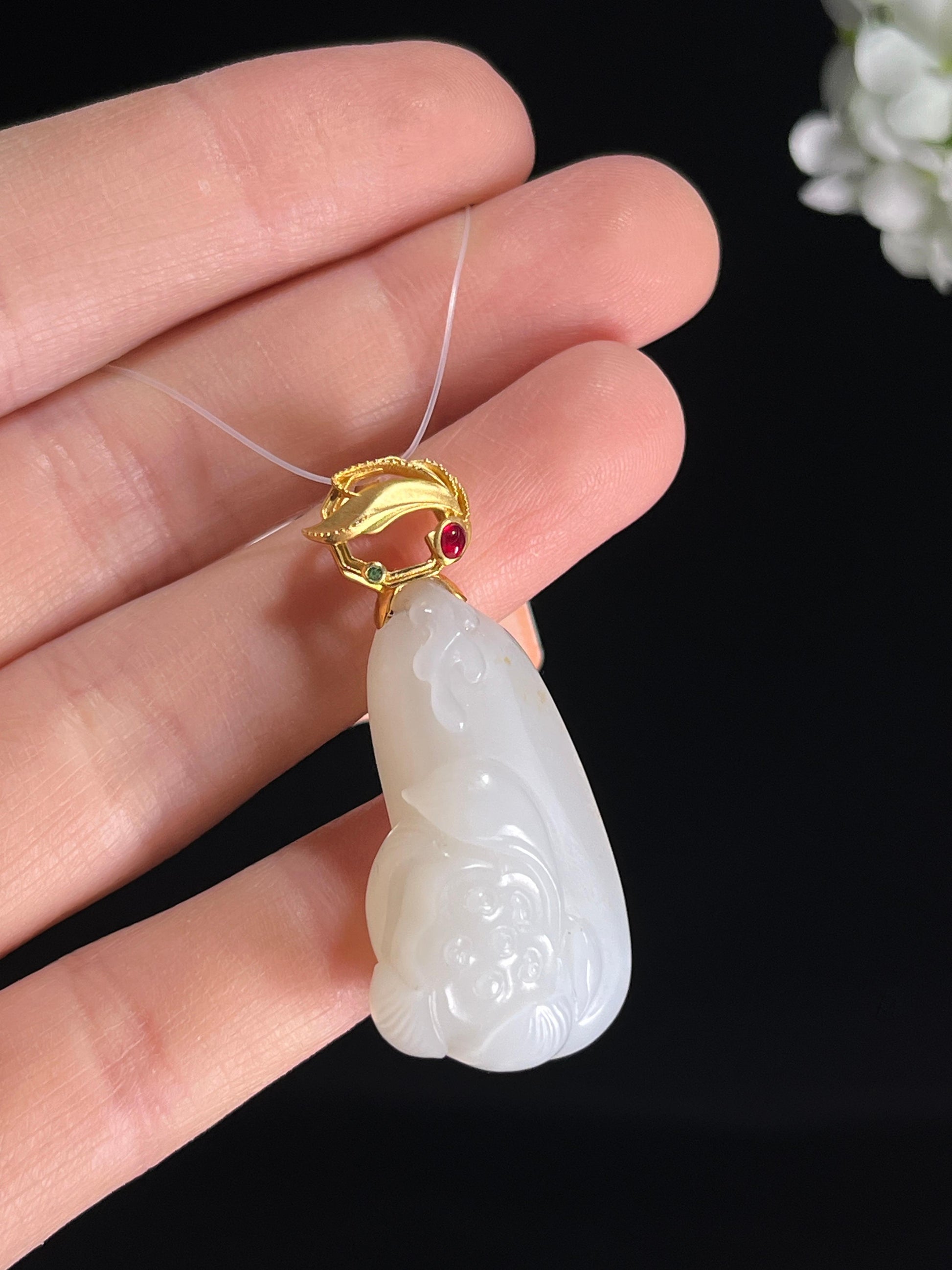 新疆天然和田玉白玉籽料18k金镶荷花吊坠（yc268238）