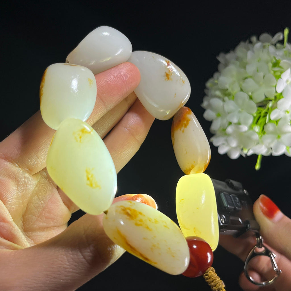 和田玉白玉洒金皮红皮原籽手串（yc389323）