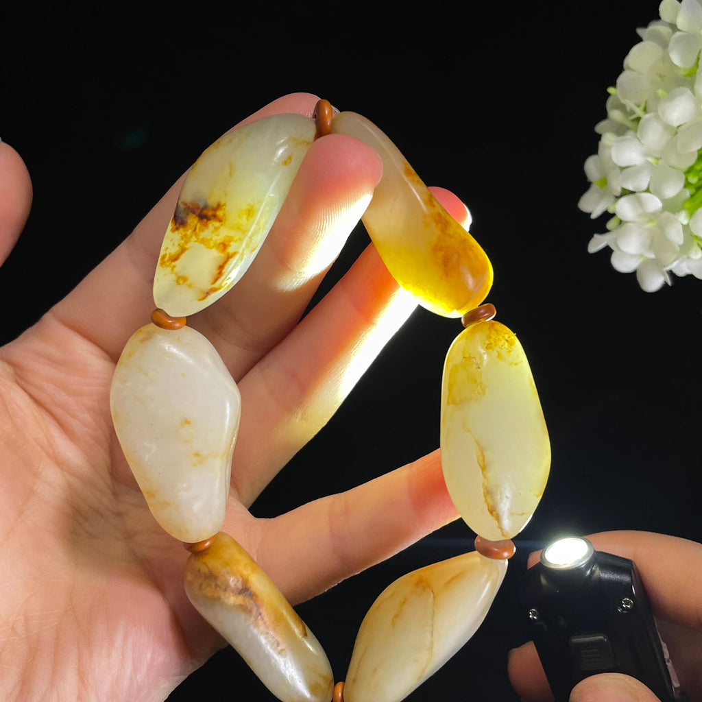 和田玉白玉青白玉洒金皮红皮原籽手串（6颗）（yc421851）