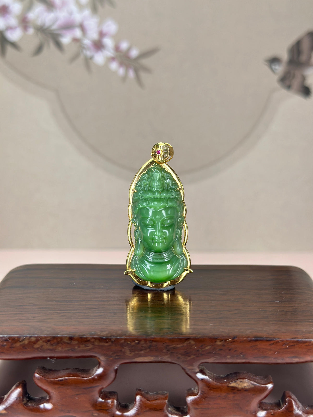 精品18K 金镶和田玉碧玉观音头吊坠（yc775677）