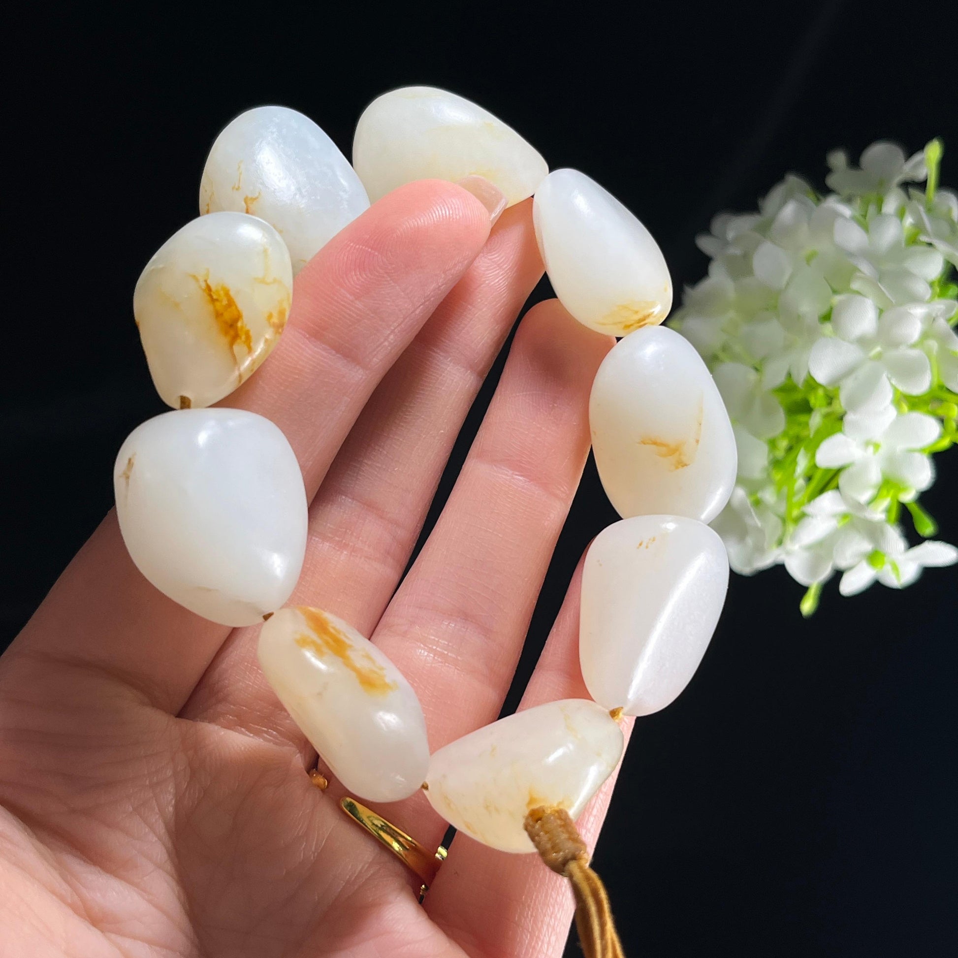 和田玉白玉“秋澜串玉”洒金皮红皮原籽手串（yc356770）