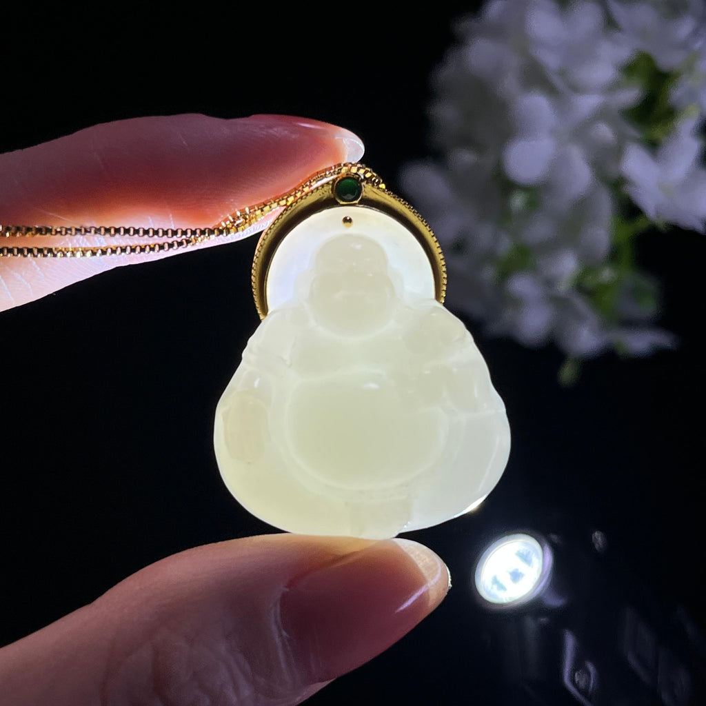 新疆天然和田玉羊脂白玉18K金镶玉弥勒佛挂件（yc349610）
