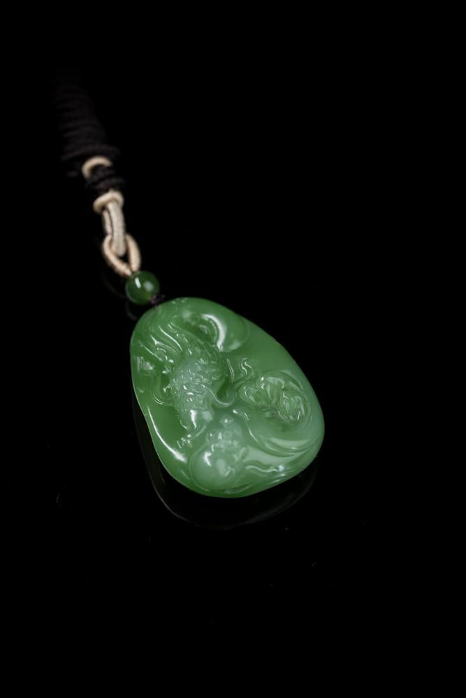 和田玉碧玉龙牌雕刻“吉祥瑞应”挂件（yc253278）