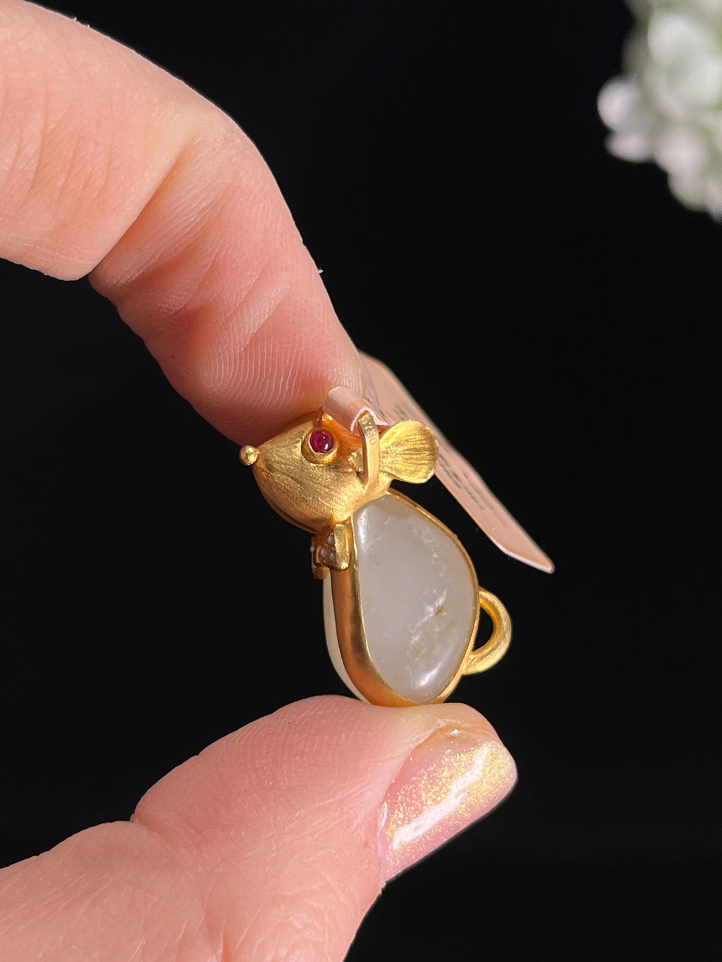 新疆天然和田玉籽料洒金皮18k金镶生肖鼠吊坠（yc268224）