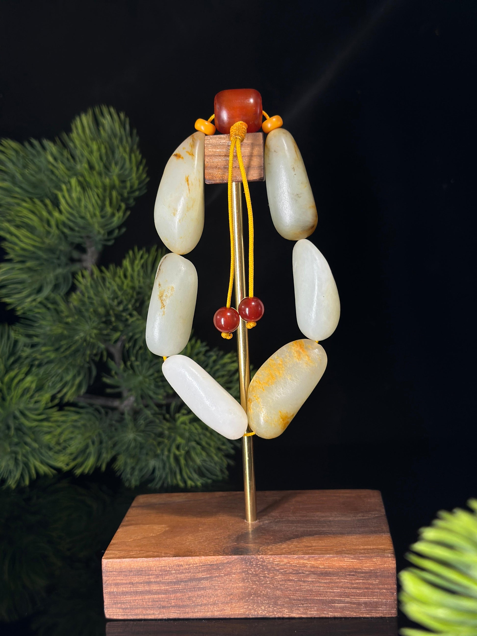 新疆和田玉白玉青白玉洒金皮原籽手串（6颗）（yc467051）