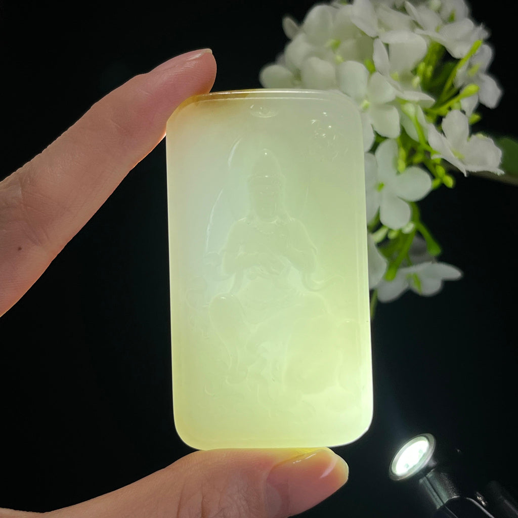 和田玉且末糖白玉“慈航普渡”观音雕刻挂件（yc304808）