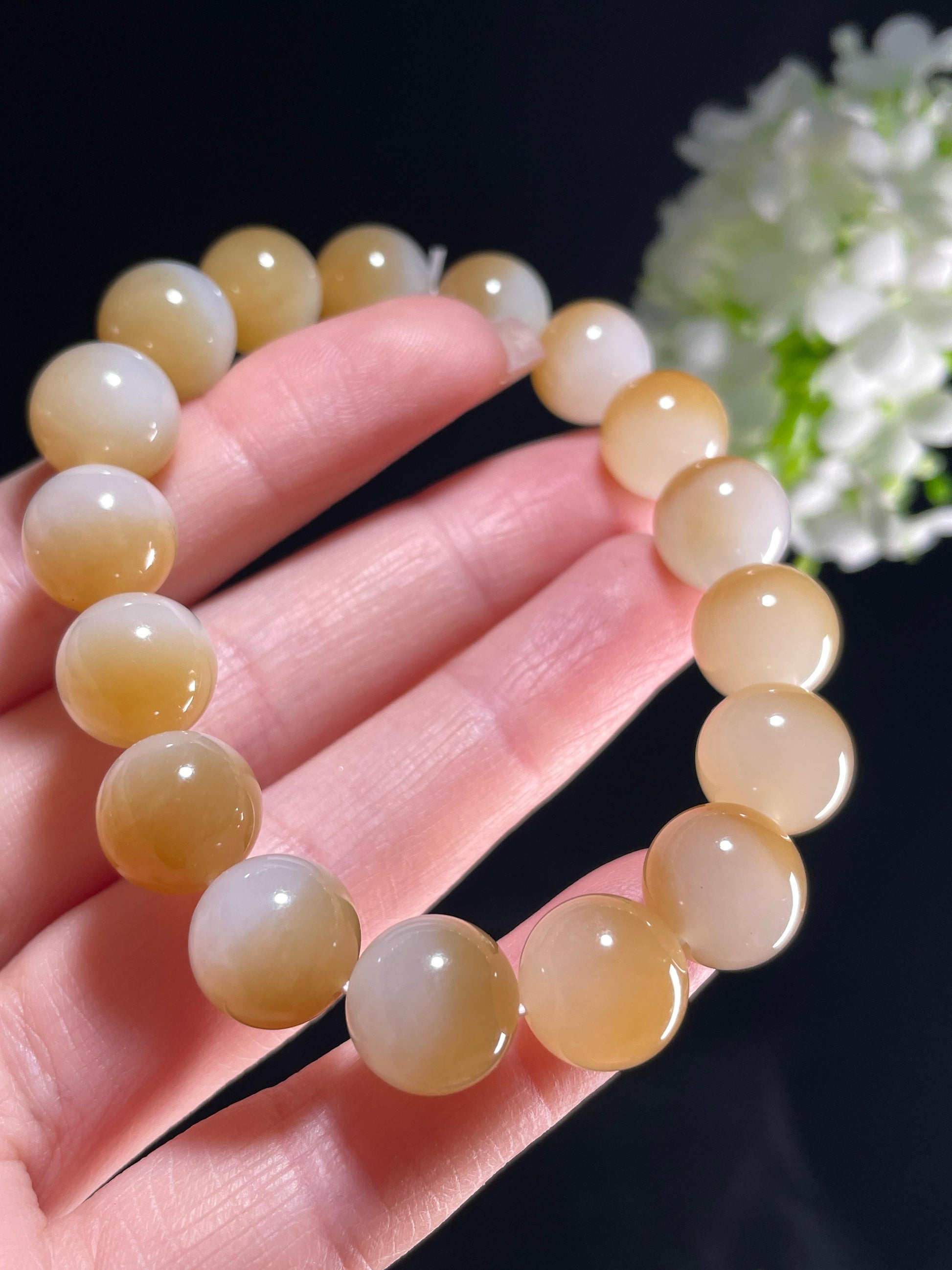 新疆天然和田玉糖白玉聚宝盆圆珠手串（yc357655）