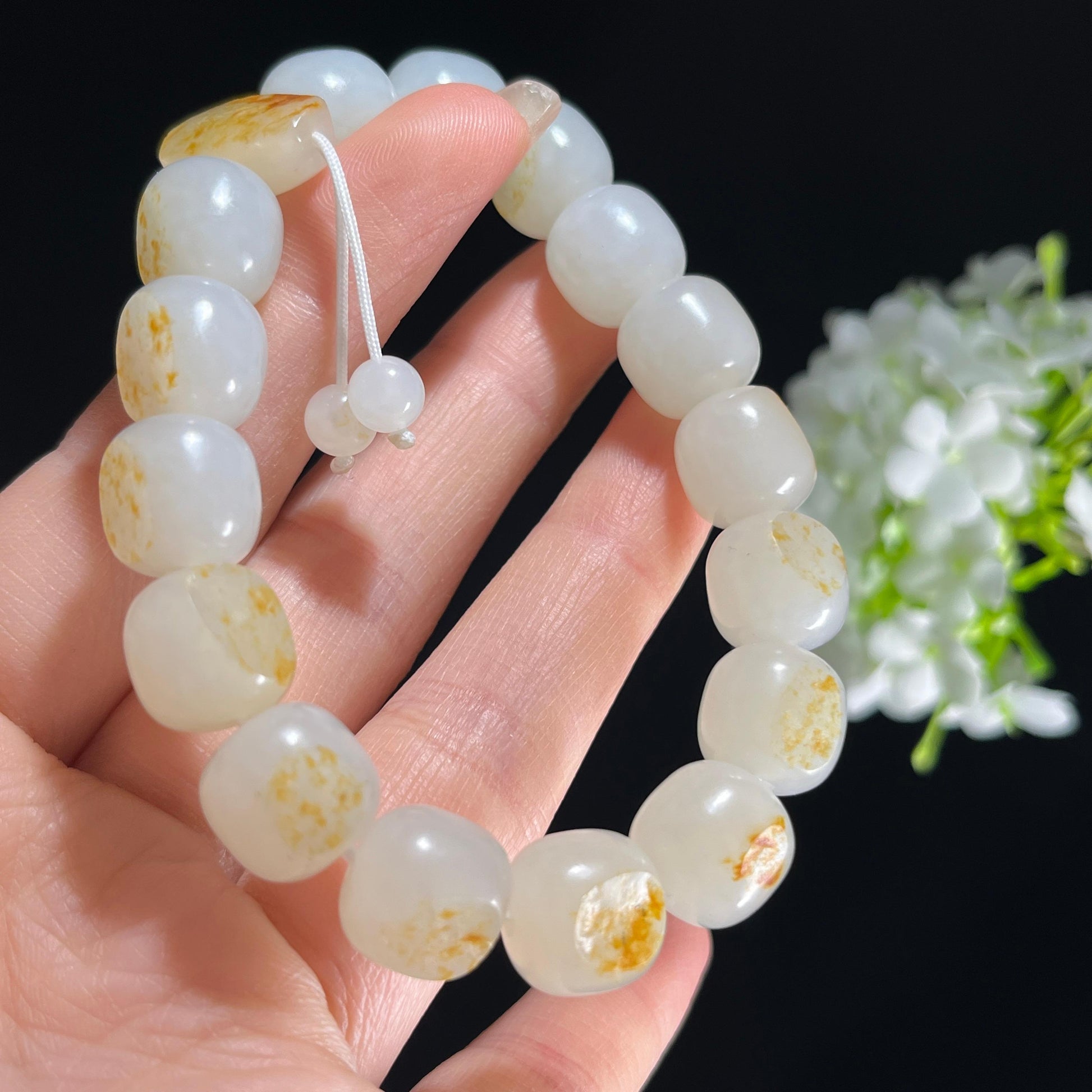 新疆天然和田玉白玉洒金洒红皮籽料老型珠手串（16颗）（yc396617）