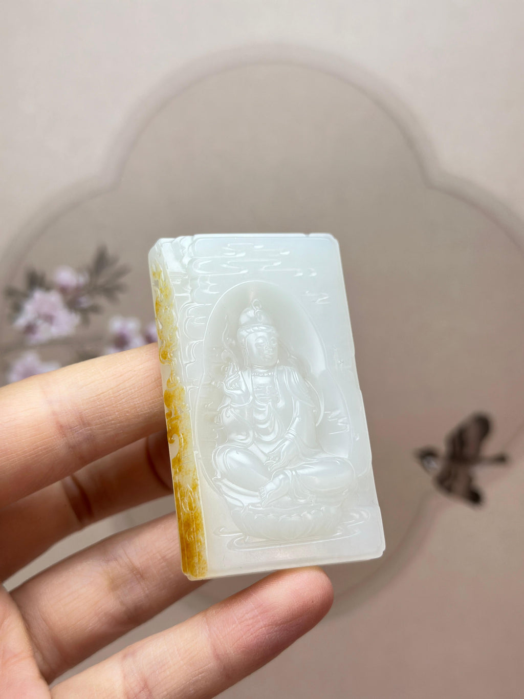 臻品新疆和田玉白玉洒金皮籽料观音玉牌挂件（yc765469）