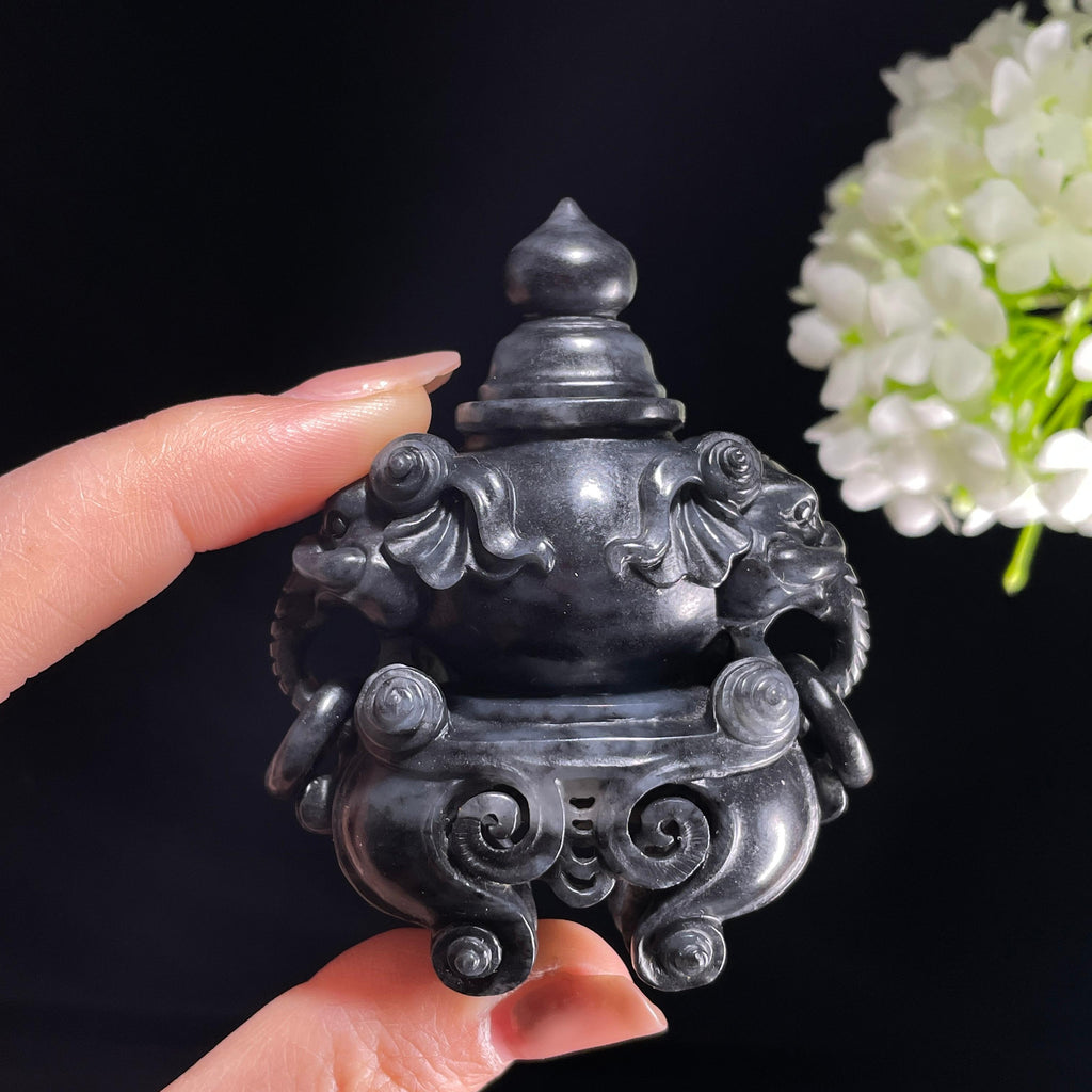 和田玉青花双象耳香炉雕件（yc389152）