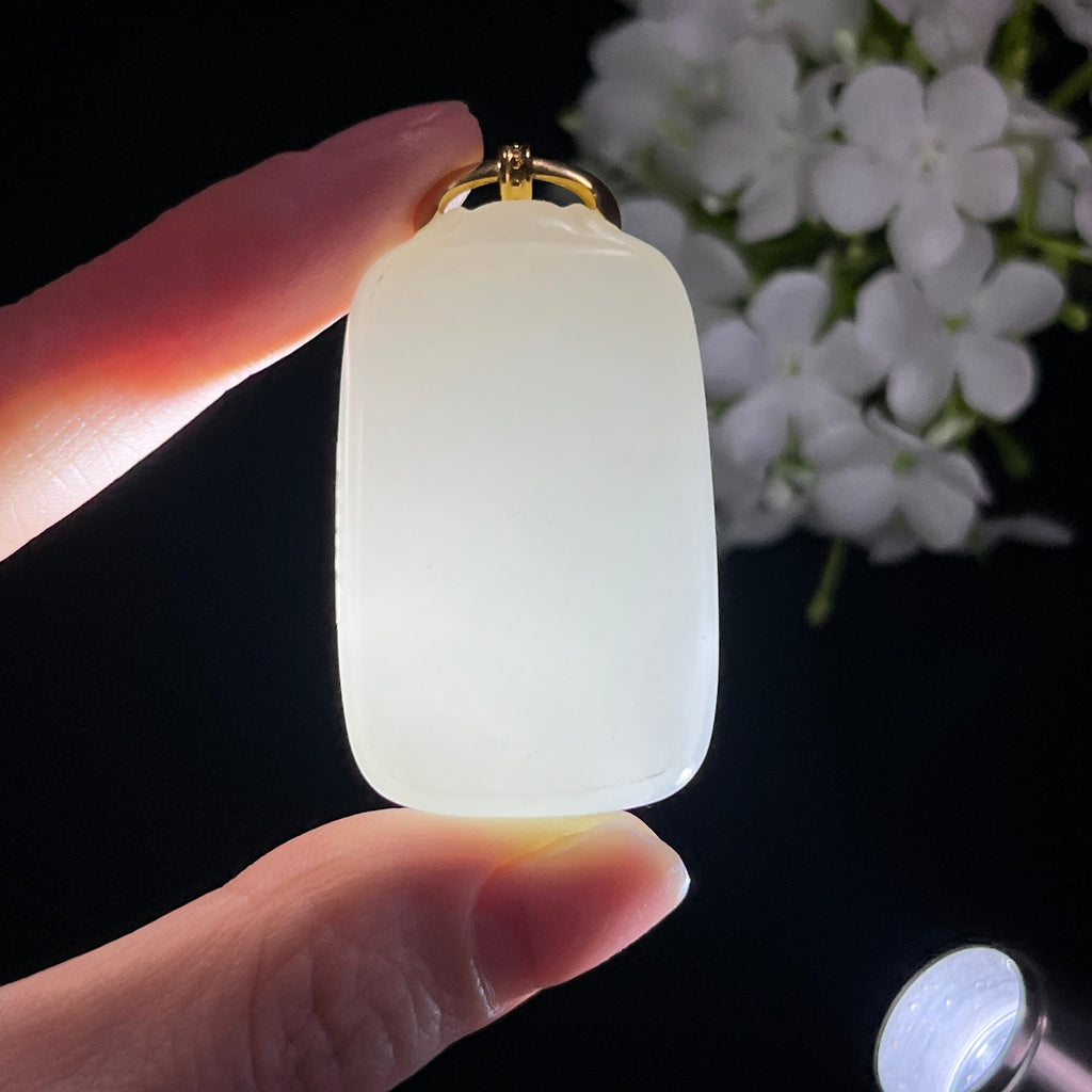 新疆天然和田玉“玉璧承清”白玉18k金镶无事牌（yc302255）