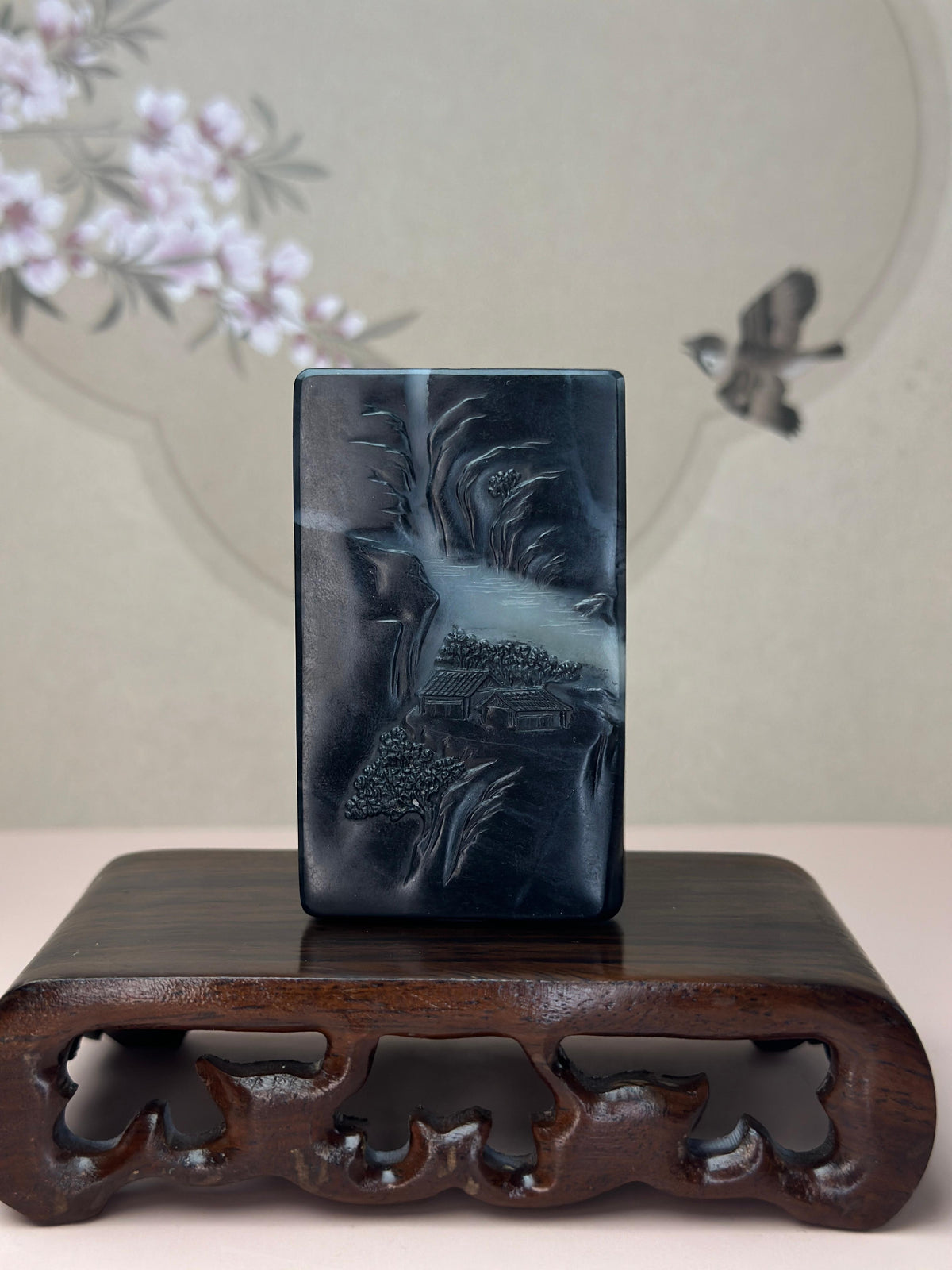 臻品新疆和田玉青花籽料双面雕山水牌（yc765108）