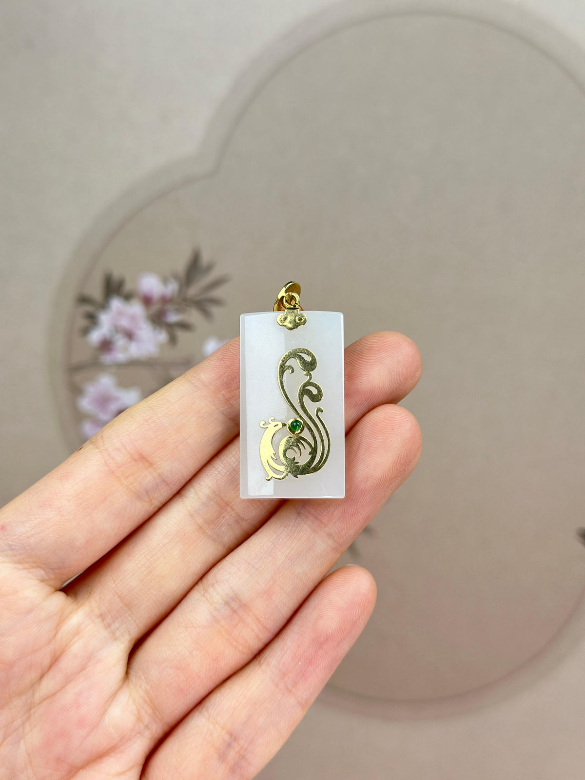 18K 金镶和田玉白玉错金凤凰方牌吊坠（yc775675）