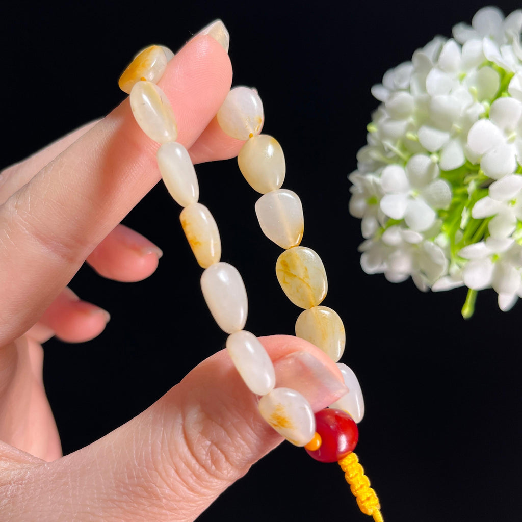 和田玉白玉洒金聚红皮籽料原籽手串（yc332538）