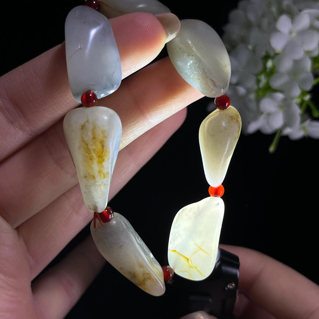 和田玉白玉青白玉洒金皮青花原籽手串（7颗）（yc399601）